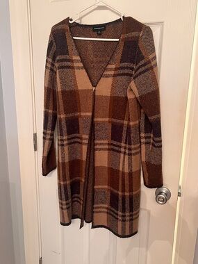 Brown Plaid Long Cardigan Sweater